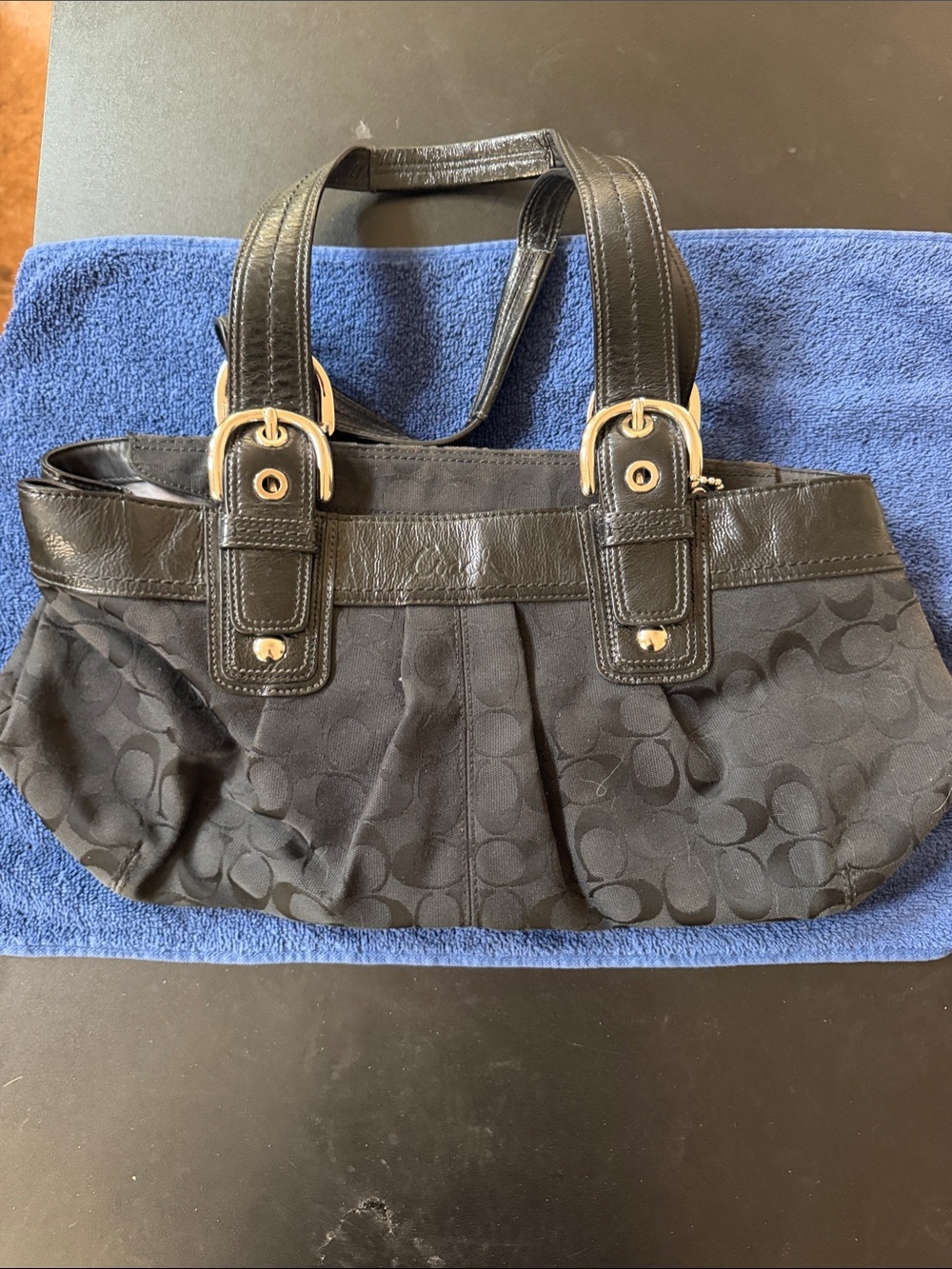 Coach Black Signature Canvas Shoulder Bag with Silver Hardware